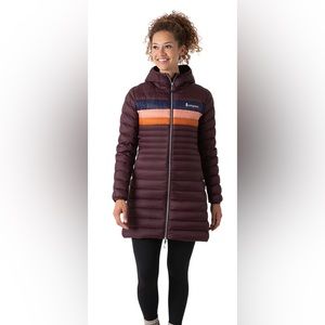 Cotopaxi Fuego Down Parka in black iris stripes, size S, Women’s. Like New!